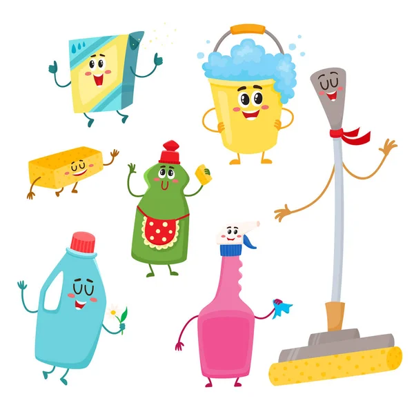 Ensemble de personnages drôles de nettoyage de maison, détergents, seau, serpillière, éponge — Image vectorielle