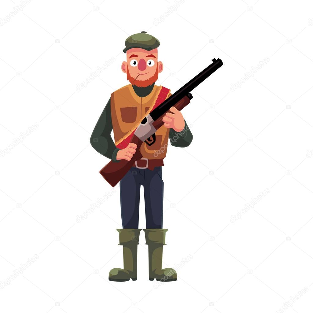 Funny hunter in hunting vest and rubber boots holding rifle