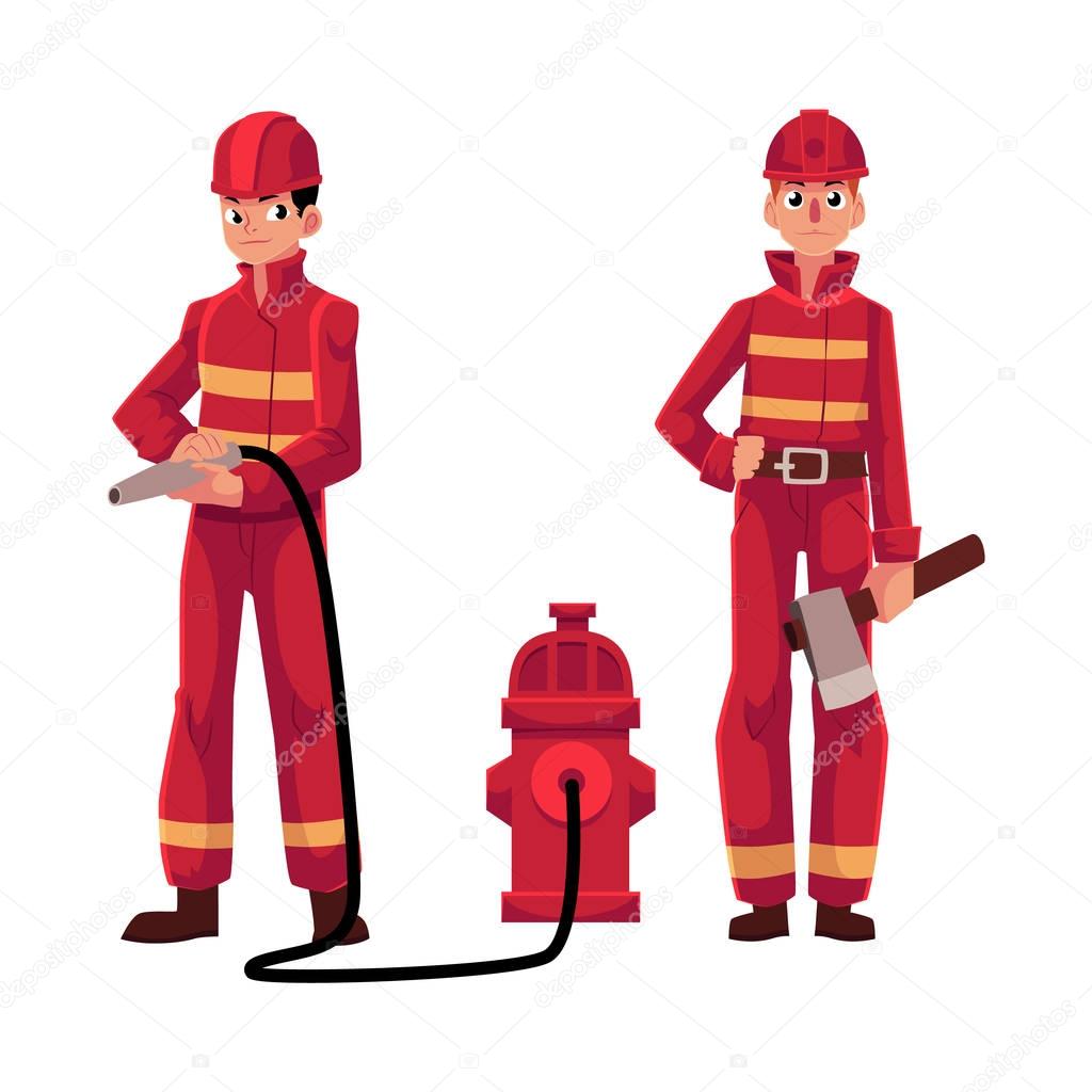 Firefighter, fireman in red protective suit holding fire hose, axe