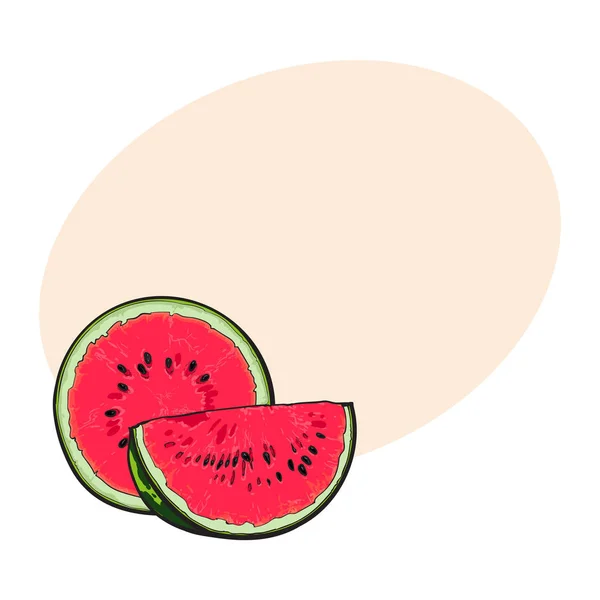 Hälften och fjärdedel av mogen röd vattenmelon med svarta frön — Stock vektor