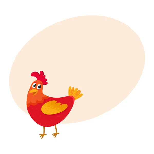 Divertida caricatura de pollo rojo, gallina de pie y sonriendo feliz — Vector de stock