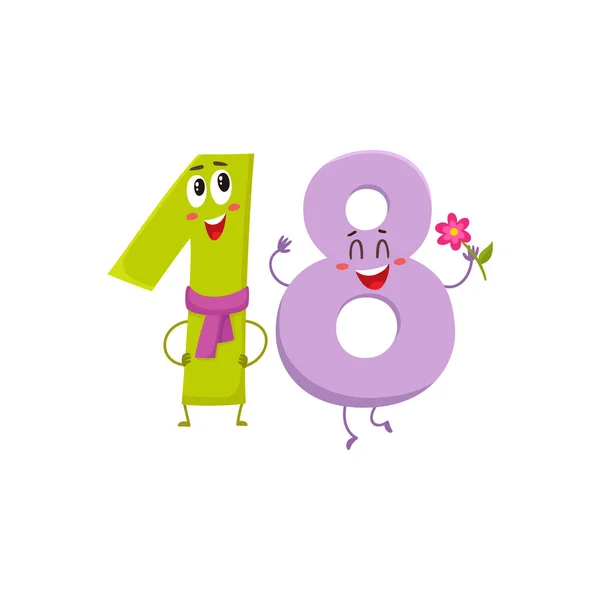 Cute and funny colorful 18 number characters, birthday greetings — Stock Vector