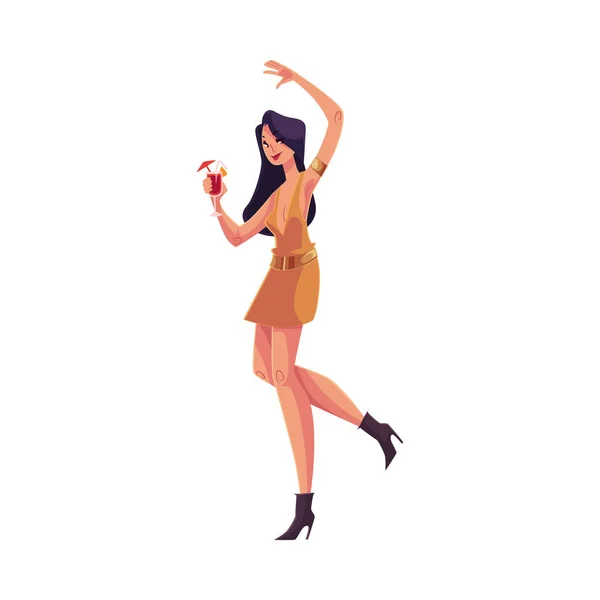 カクテル グラスで踊るショート ドレスの若いクラバー ガール — ストックベクタ