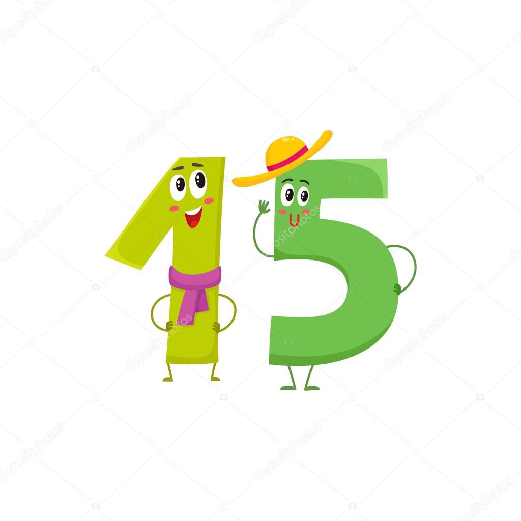 Cute and funny colorful 15 number characters, birthday greetings