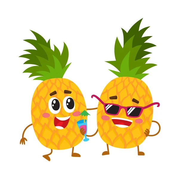 Två söta och roliga ananas tecken, en kittlande andra — Stock vektor