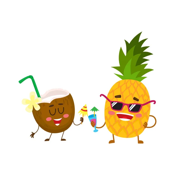 Personnages drôles d'ananas et de noix de coco buvant des cocktails, s'amusant — Image vectorielle