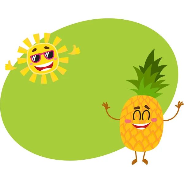 Lustige Ananas- und Sonnenfiguren genießen Sommerurlaub — Stockvektor
