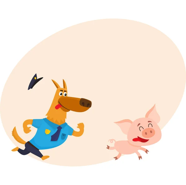 Funny shepherd dog character in blue police uniform chasing pig — Stock Vector