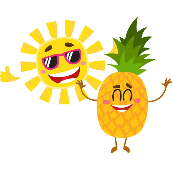 Grappige ananas en zon tekens genieten van zomervakantie — Stockvector