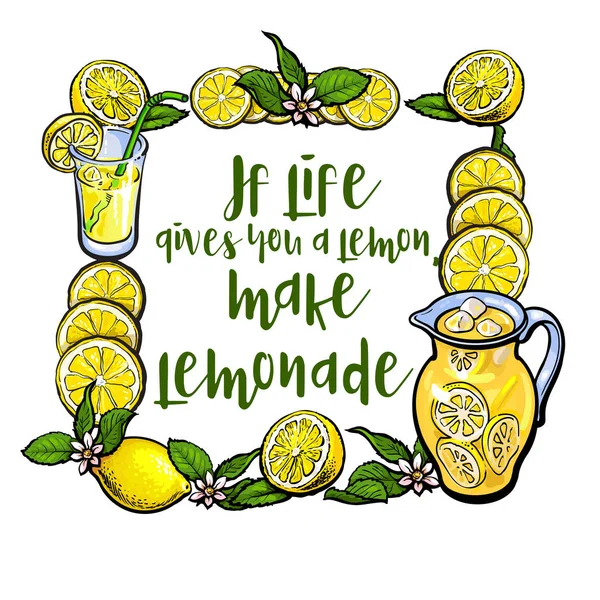 Si la vida te da limón, haz letras de limonada, marco cuadrado — Vector de stock