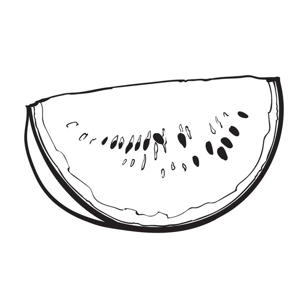 Kvartalet skiva mogen vattenmelon med svarta frön, skiss illustration — Stock vektor