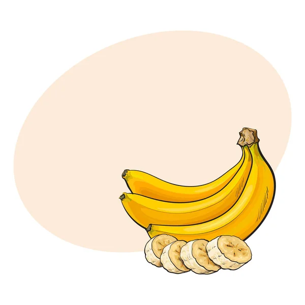 熟したバナナの束とスライス、ベクトル図をスケッチします。 — ストックベクタ