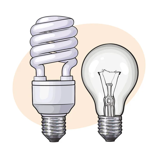 Fluorescente moderno, economia de energia e lâmpada tradicional tangsten — Vetor de Stock