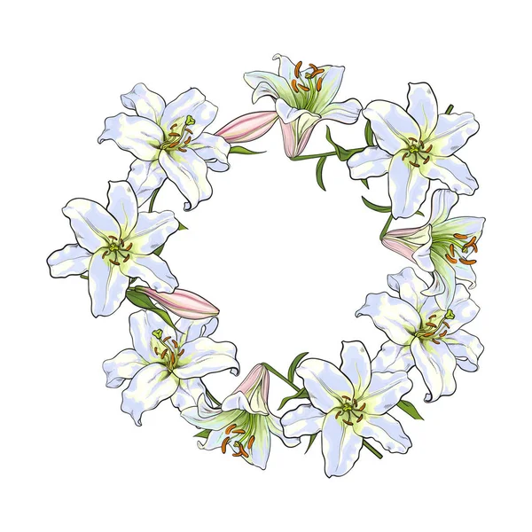 Round frame of white lily flowers, decoration element