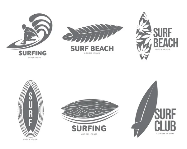 Conjunto de plantillas de logotipo de surf gráfico con surfista y tabla de surf — Vector de stock