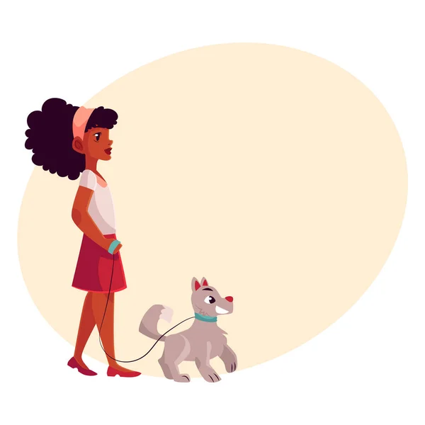 Μαύρος, αφρικανικό αμερικανικό κορίτσι περπάτημα με το σκύλο στο χαλαρό λουρί — Διανυσματικό Αρχείο