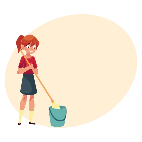 Teenager-Mädchen hilft beim Putzen des Hauses, wäscht Fußböden mit Wischmopp — Stockvektor