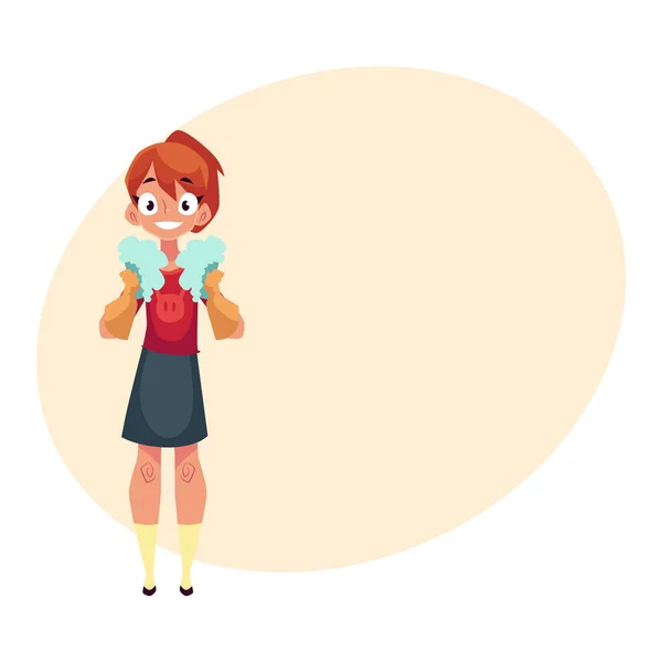 Девочка-подросток помогает убирать дом, держит в руках две губки с пеной — стоковый вектор