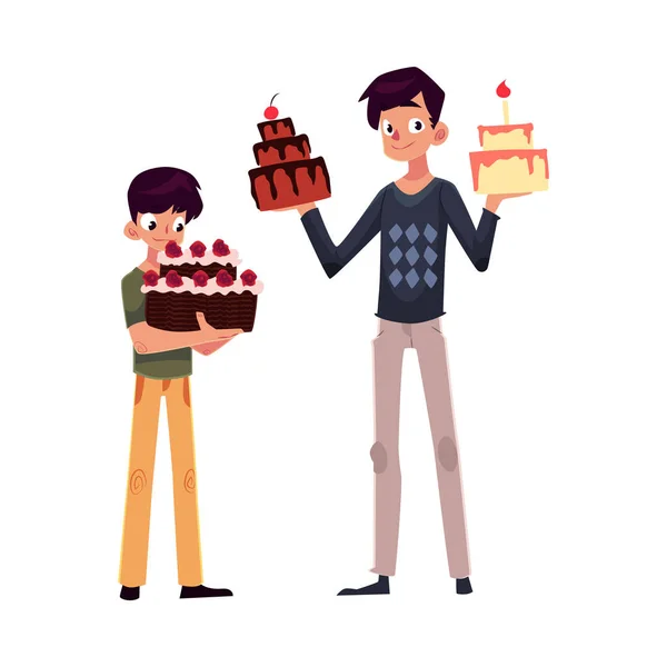 Pai e filho segurando bolos de aniversário, se preparando para a festa —  Vetores de Stock