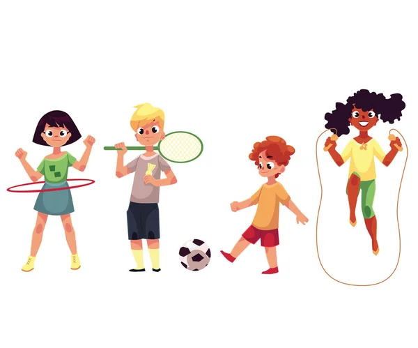Kids twirling hula hoop, playing badminton, soccer, jumping over rope — Stock Vector