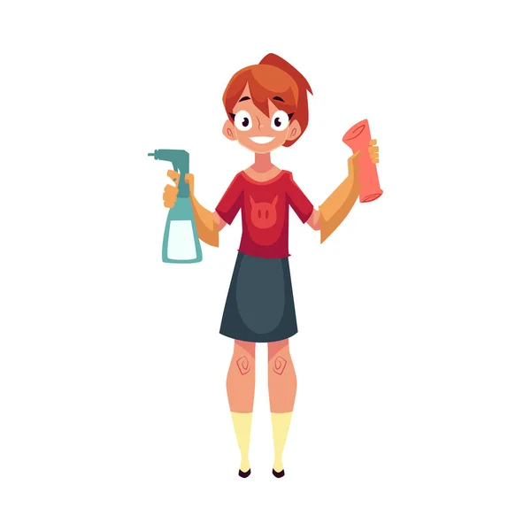 Εφηβικό κορίτσι βοηθώντας να καθαρίζει το σπίτι, το πλύσιμο των δαπέδων με σφουγγαρίστρα — Διανυσματικό Αρχείο