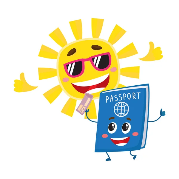 Personajes de pasaporte y sol que simbolizan vacaciones, vacaciones en países exóticos — Archivo Imágenes Vectoriales
