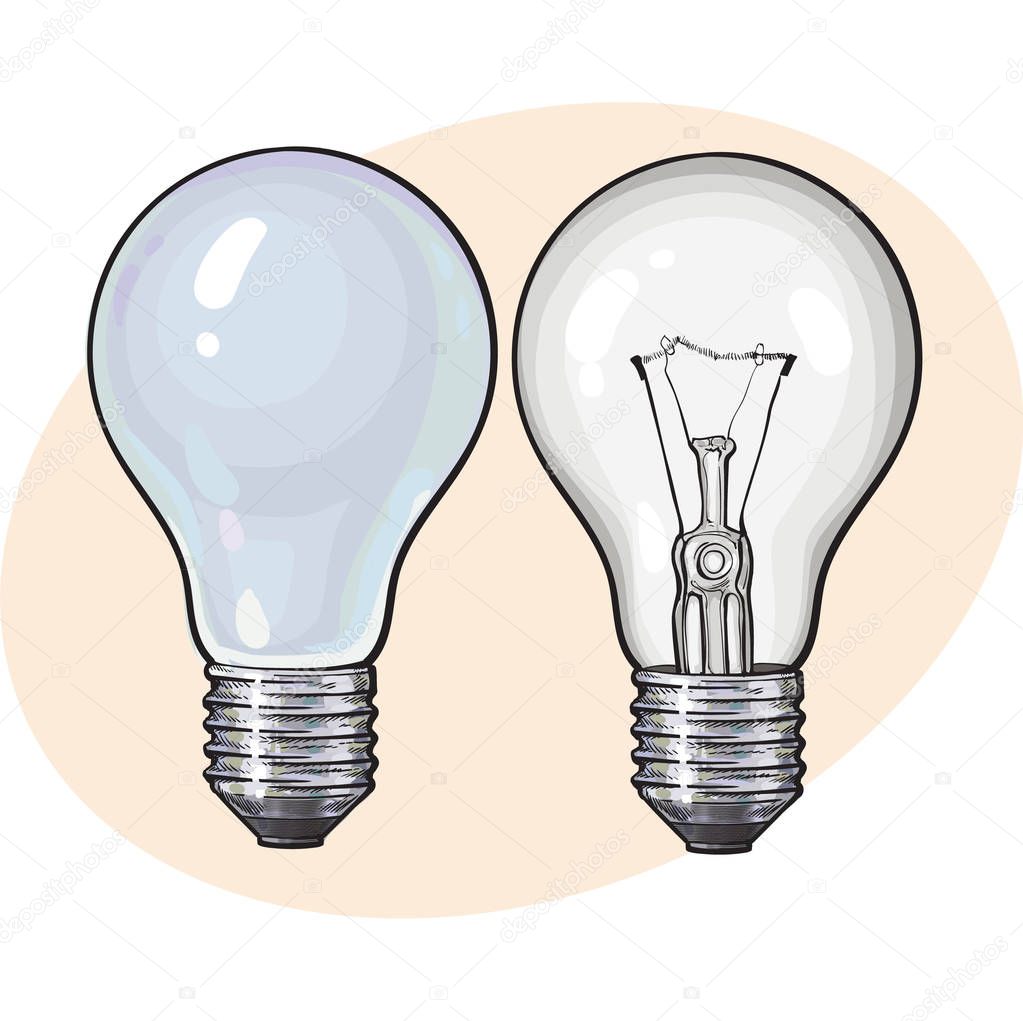 Modern fluorescent, energy saving and traditional tangsten light bulb