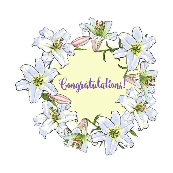 Modèle de carte de vœux avec cadre rond de fleurs de lys blanches — Image vectorielle