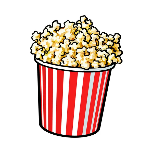 Palomitas de cine en un gran cubo de rayas rojas y blancas — Vector de stock