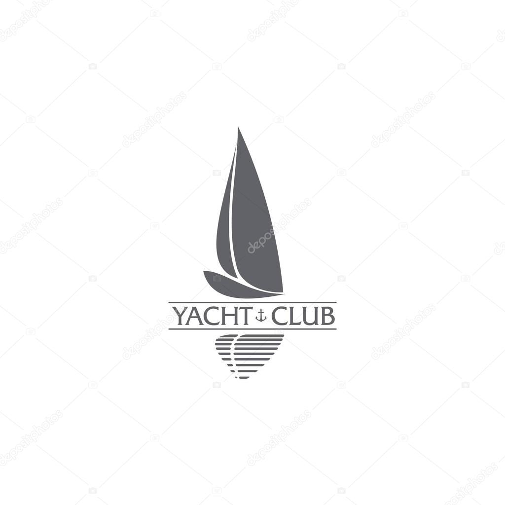 Black and white graphic yacht club, sailing sport logo template with wind filling the sails, vector illustration isolated on white background. Graphic yacht, sail boat logotype, logo design