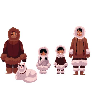 Eskimo, Inuit family of father, mother and kids with dog clipart