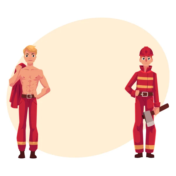 Två brandmän, brandmän, en arbetsplats, en annan med naken överkropp — Stock vektor