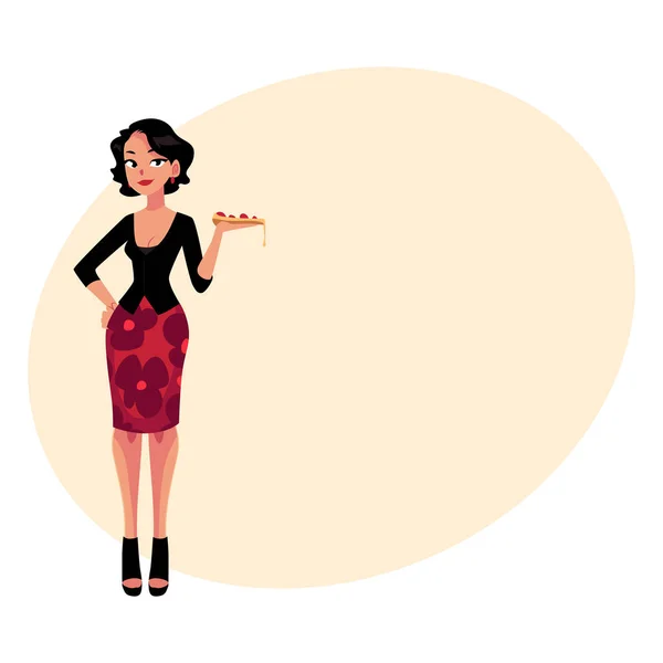 Curvy Italská žena v módní oblečení drží pizza — Stockový vektor