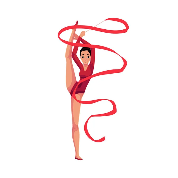 Девушка, стоящая в вертикальном разрезании ног, художественная гимнастика с ленточкой — стоковый вектор