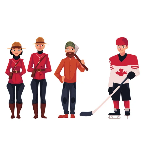 Канадский полицейский в традиционной форме, лесоруб и хоккеист — стоковый вектор