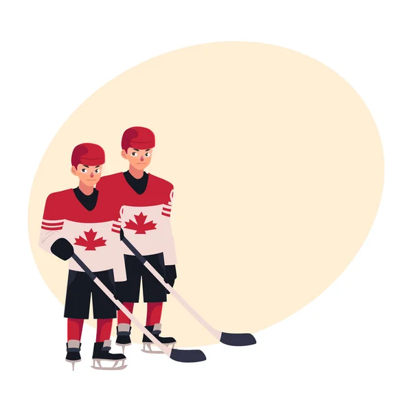 Dois jogadores de hóquei em uniforme canadense de pé e segurando paus — Vetor de Stock