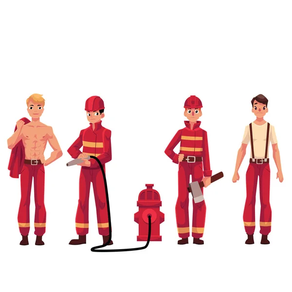 Feuerwehrmann, Feuerwehrmann im roten Schutzanzug mit Axt, Feuerwehrschlauch — Stockvektor