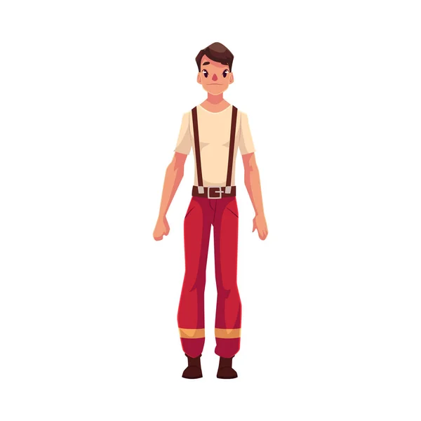 Красивый пожарный, пожарный в футболке и защитные брюки с брекетами — стоковый вектор