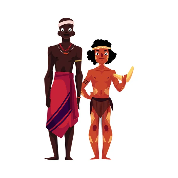 Homme tribal africain à la peau noire et aborigène australien — Image vectorielle