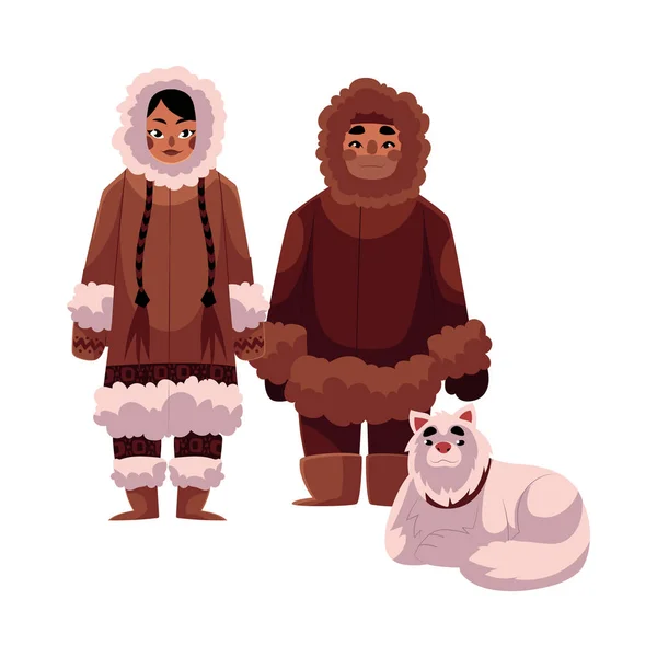 Esquimó, casal Inuit em roupas quentes de inverno com cão trenó —  Vetores de Stock
