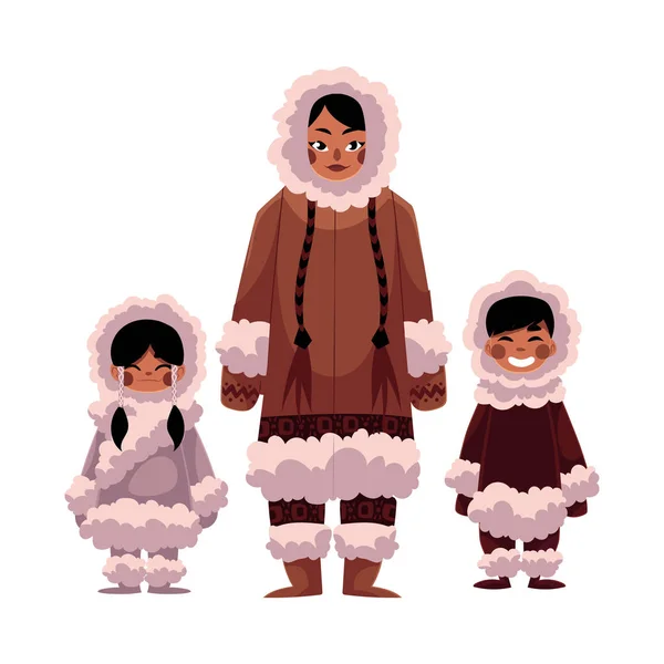 에스키모, Inuit 여자 따뜻한 겨울 옷에 두 아이 들과 함께 — 스톡 벡터
