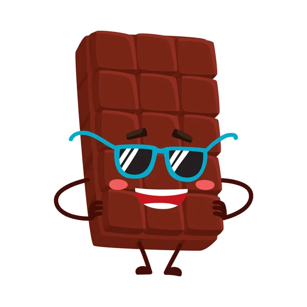 Personagem de barra de chocolate engraçado em óculos de sol funky, com braços akimbo —  Vetores de Stock