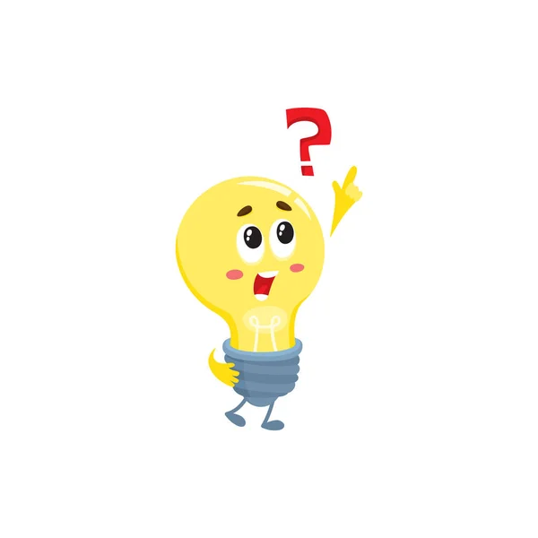 Cute light bulb character with funny face and question mark — Stock Vector