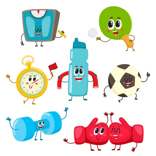 Set di divertenti personaggi di attrezzature sportive, illustrazione del cartone animato — Vettoriale Stock