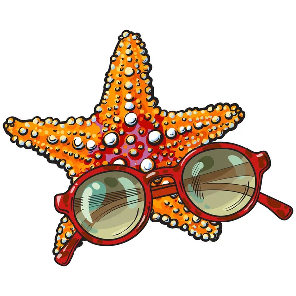 Estrellas de mar dibujadas a mano y gafas de sol redondas en marco de plástico rojo — Vector de stock