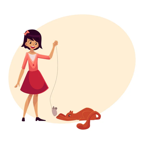 Εφηβικό κορίτσι στέκεται και το παιχνίδι με γάτα παιχνίδι χρησιμοπο — Διανυσματικό Αρχείο