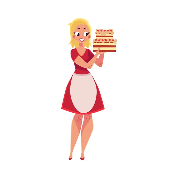 Žena v bílé zástěře hospodářství vrstvené narozeninový dort v rukou — Stockový vektor