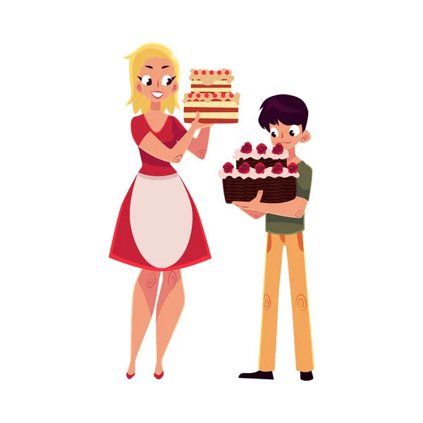 Mother and son holding birthday cakes, getting ready for party — Stock Vector