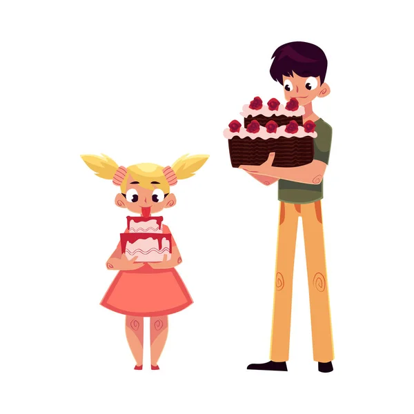 Deux enfants, garçon et fille, tenant des gâteaux d'anniversaire — Image vectorielle