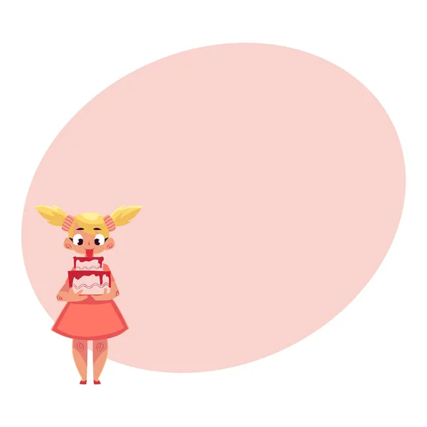 Petite fille en robe rose tenant gâteau d'anniversaire fraise — Image vectorielle